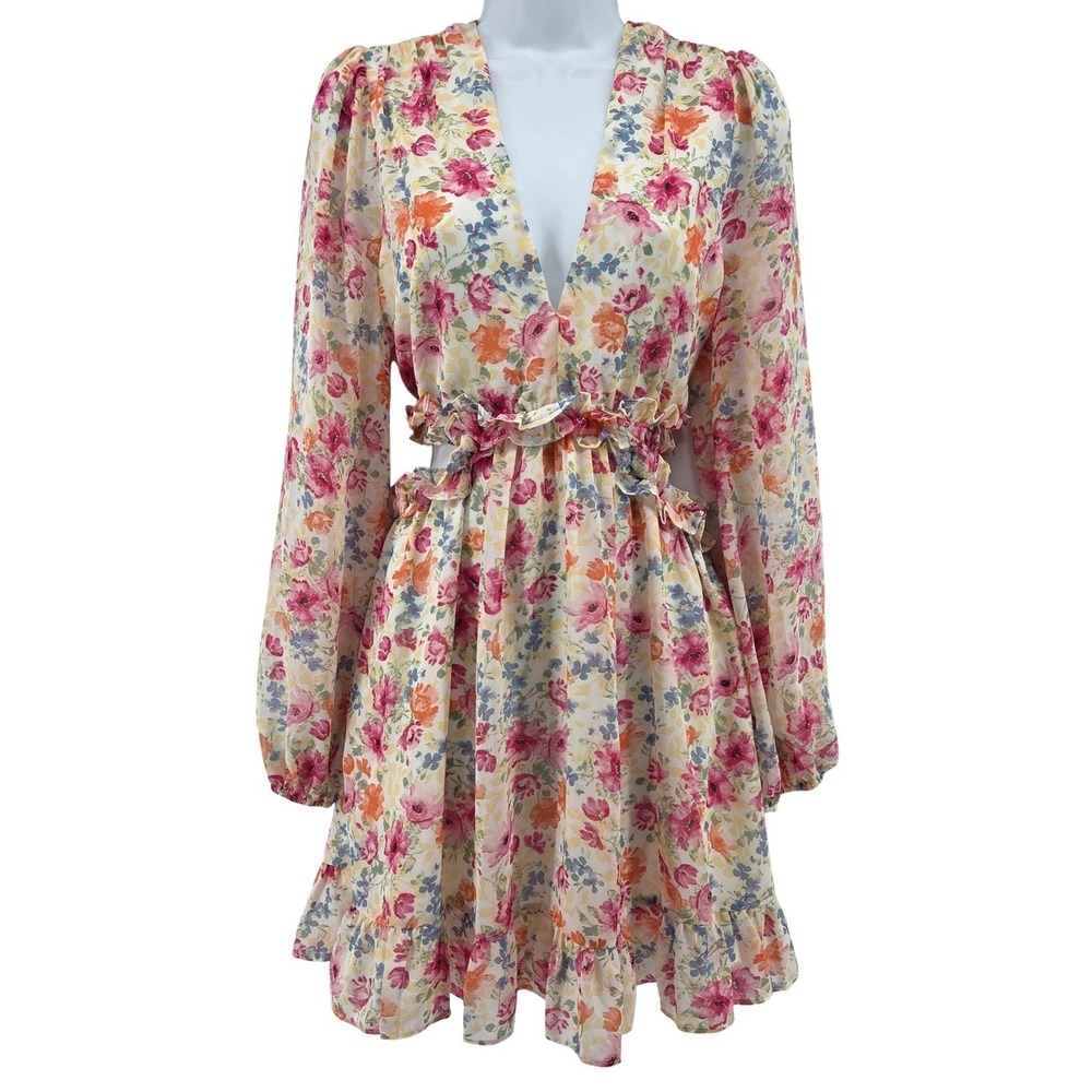 Privy Floral Mini Dress Multi Color Cutout V-Neck Cottagecore Fairycore Boho M - Picture 2 of 12